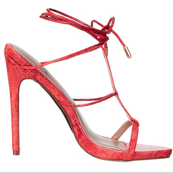 Red Snake Print Lace Up Gladiator Stiletto Heels - Picture 2 of 4